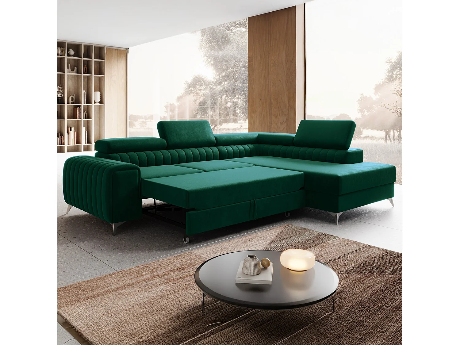 Grand canapé d'angle convertible 6 places en velours vert ISAAC