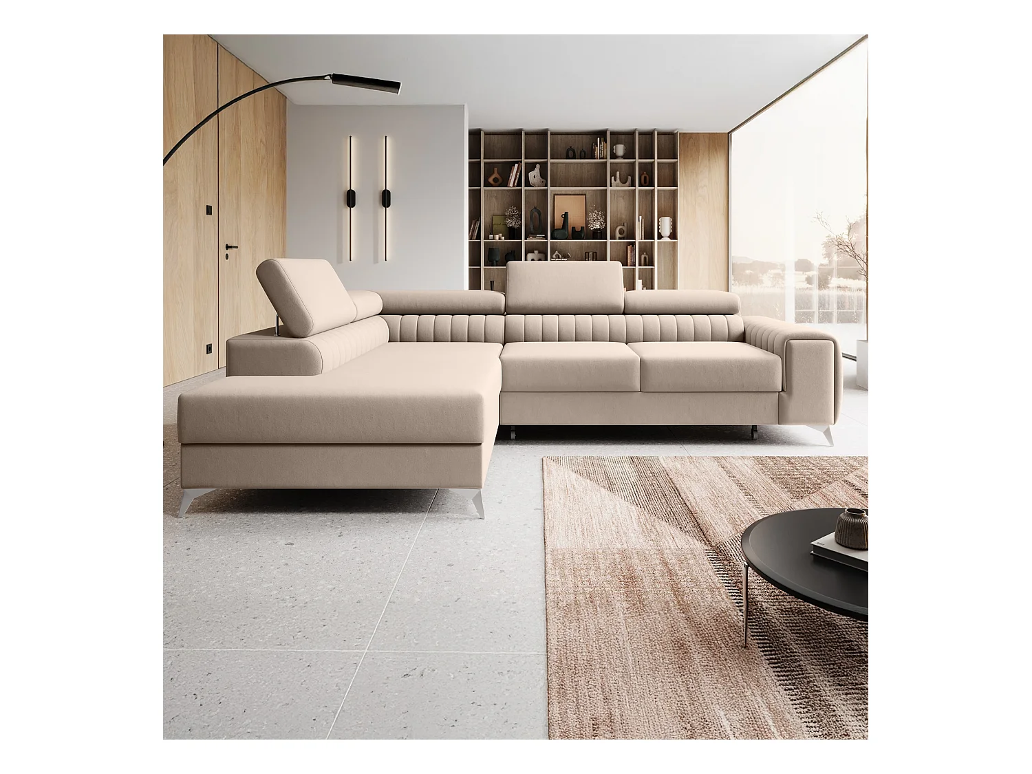 Canapé d'angle gauche convertible Isaac Velours Beige