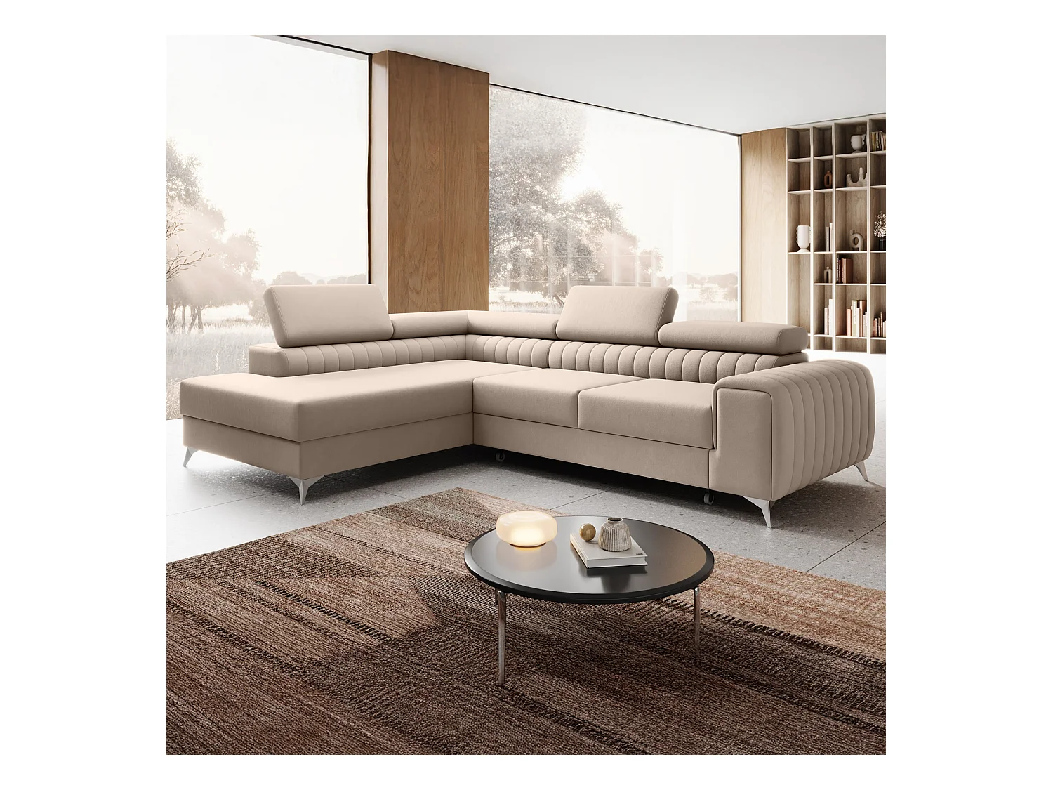 Canapé d'angle gauche convertible Isaac Velours Beige