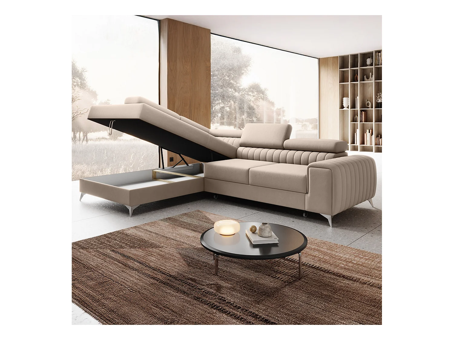 Canapé d'angle gauche convertible Isaac Velours Beige