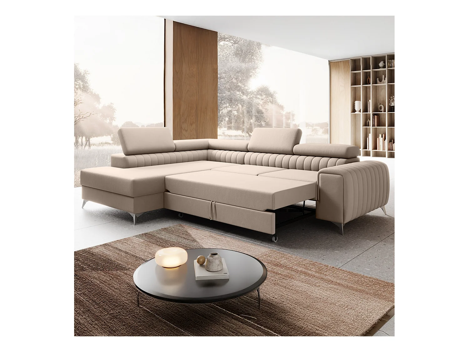 Canapé d'angle gauche convertible Isaac Velours Beige