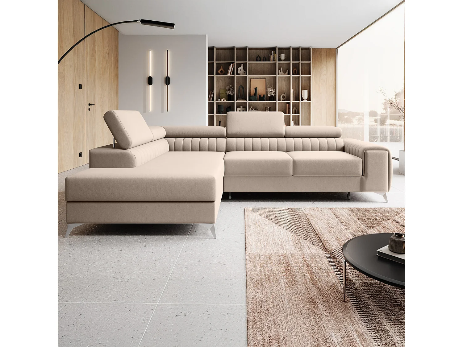 Canapé d'angle gauche convertible Isaac Velours Beige