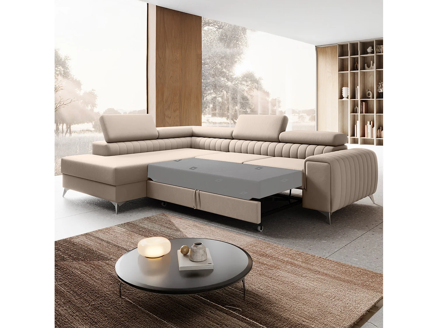 Canapé d'angle gauche convertible Isaac Velours Beige