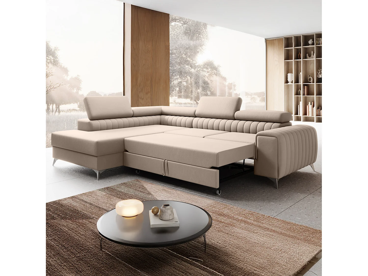 Canapé d'angle gauche convertible Isaac Velours Beige