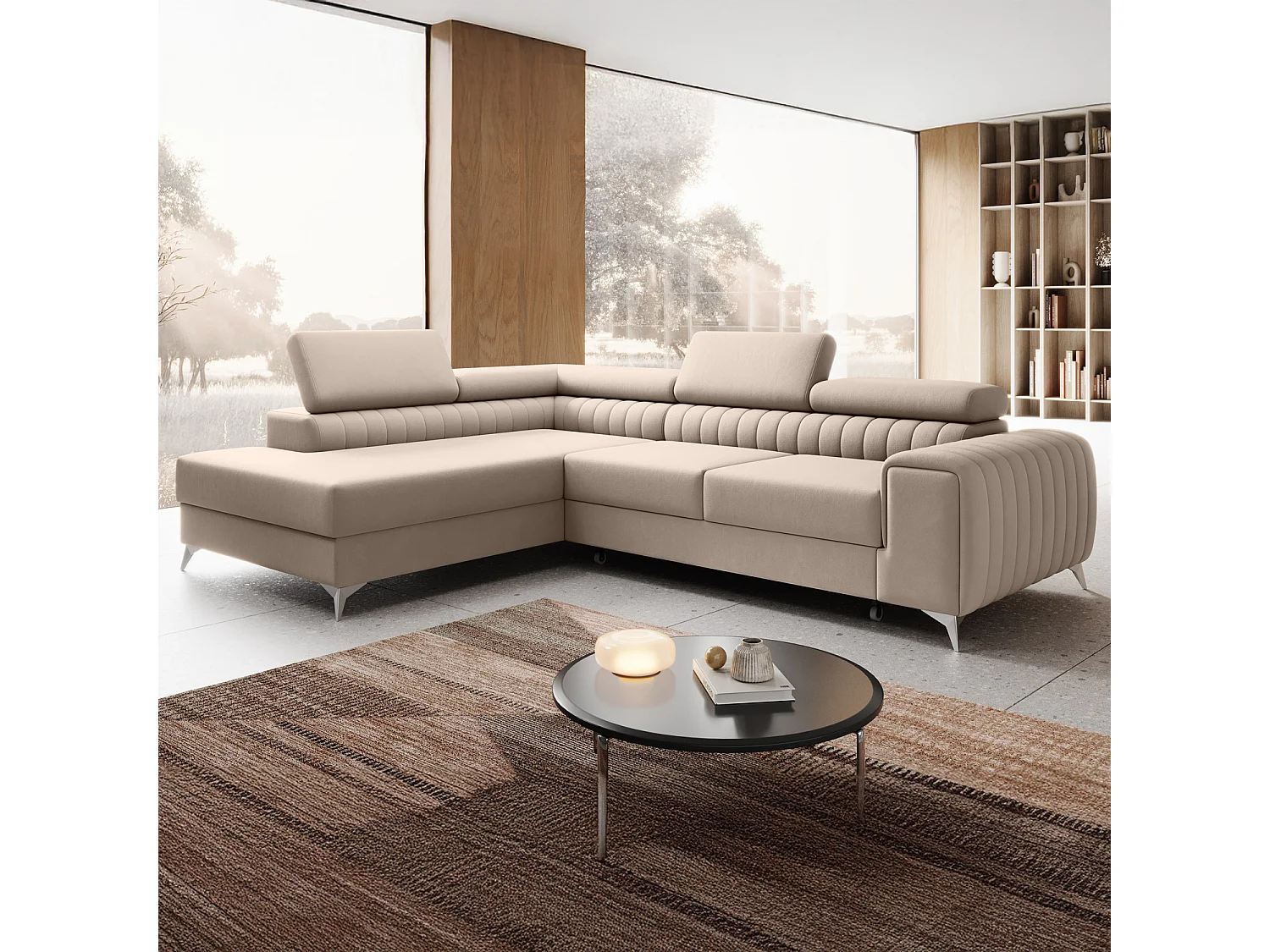 Grand canapé d'angle convertible 6 places en velours beige ISAAC