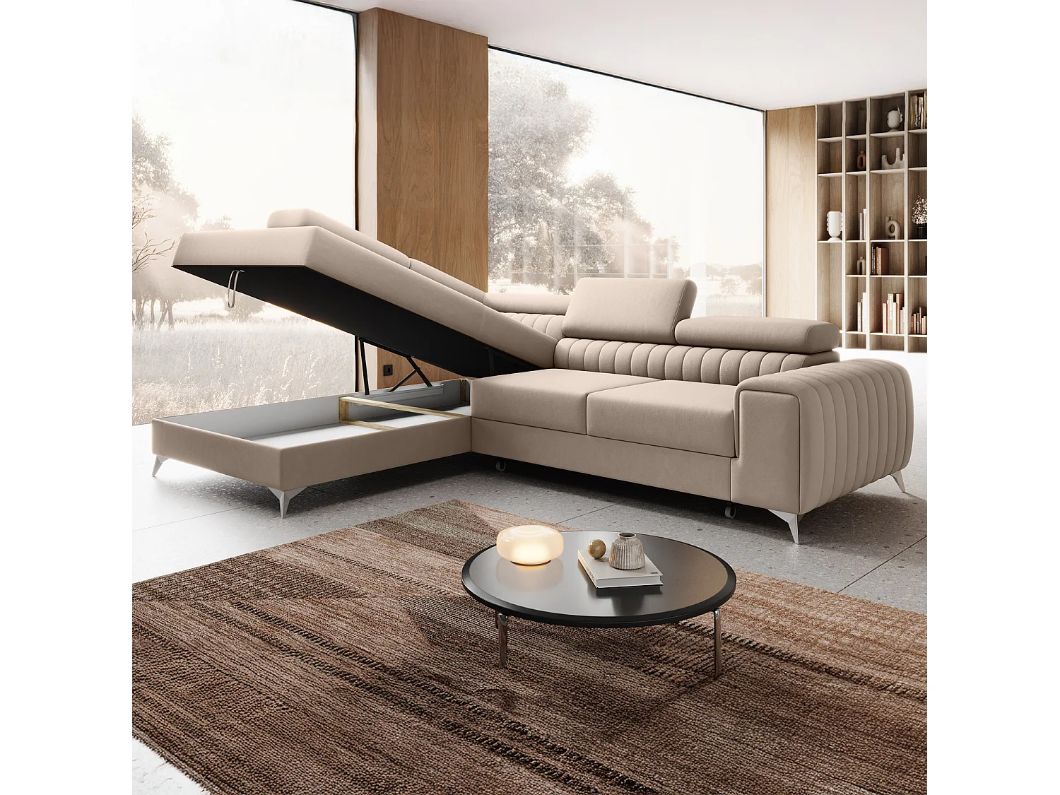 Grand canapé d'angle convertible 6 places en velours beige ISAAC