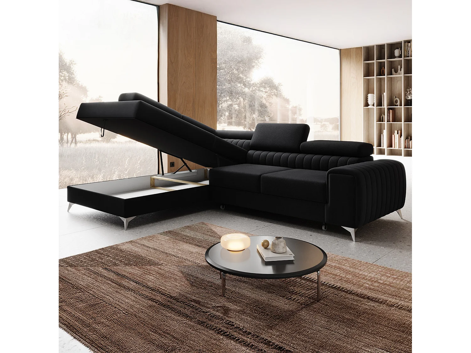 Canapé d'angle gauche convertible Isaac Velours Noir