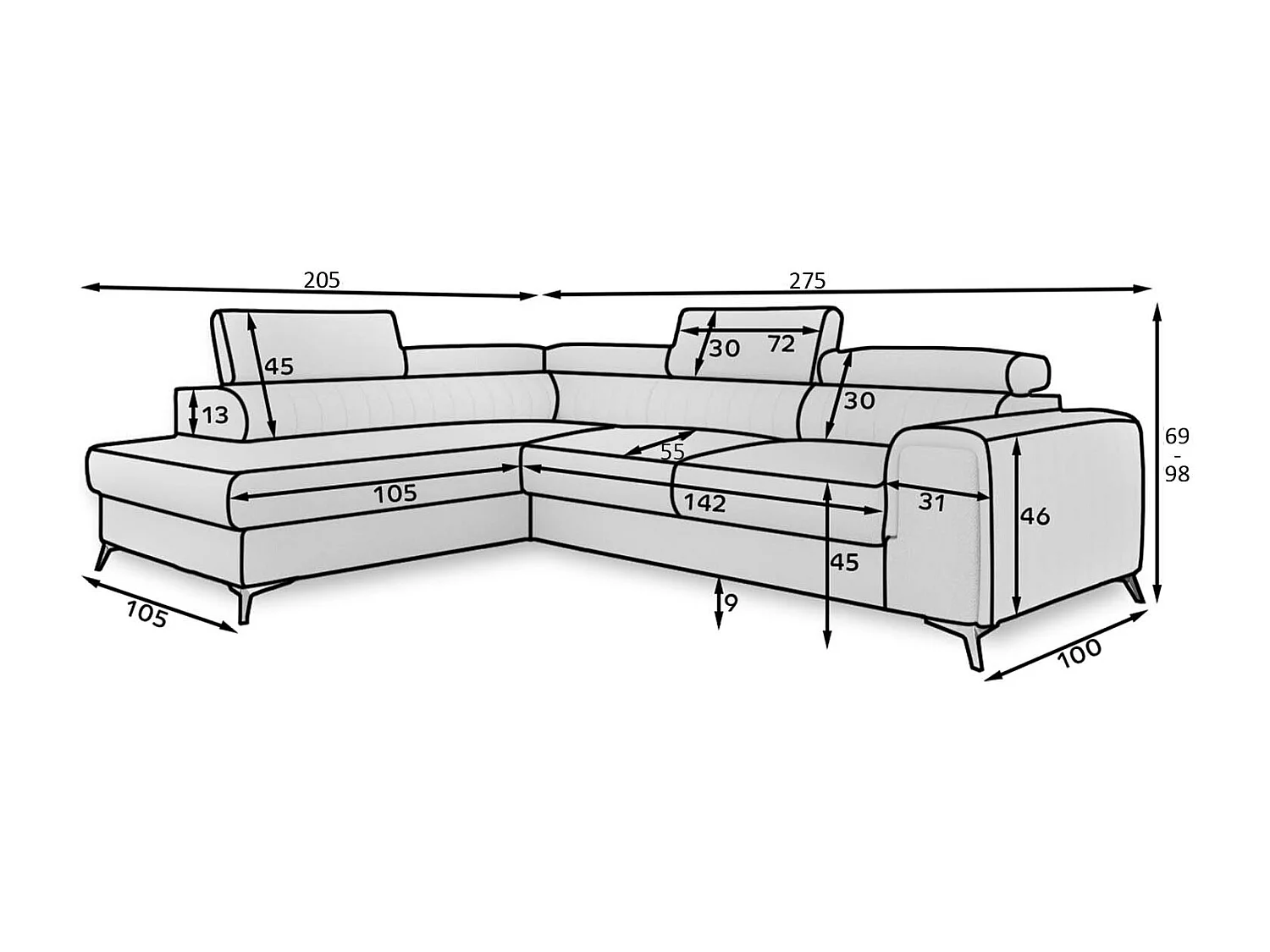 Canapé d'angle gauche convertible Isaac Velours Noir