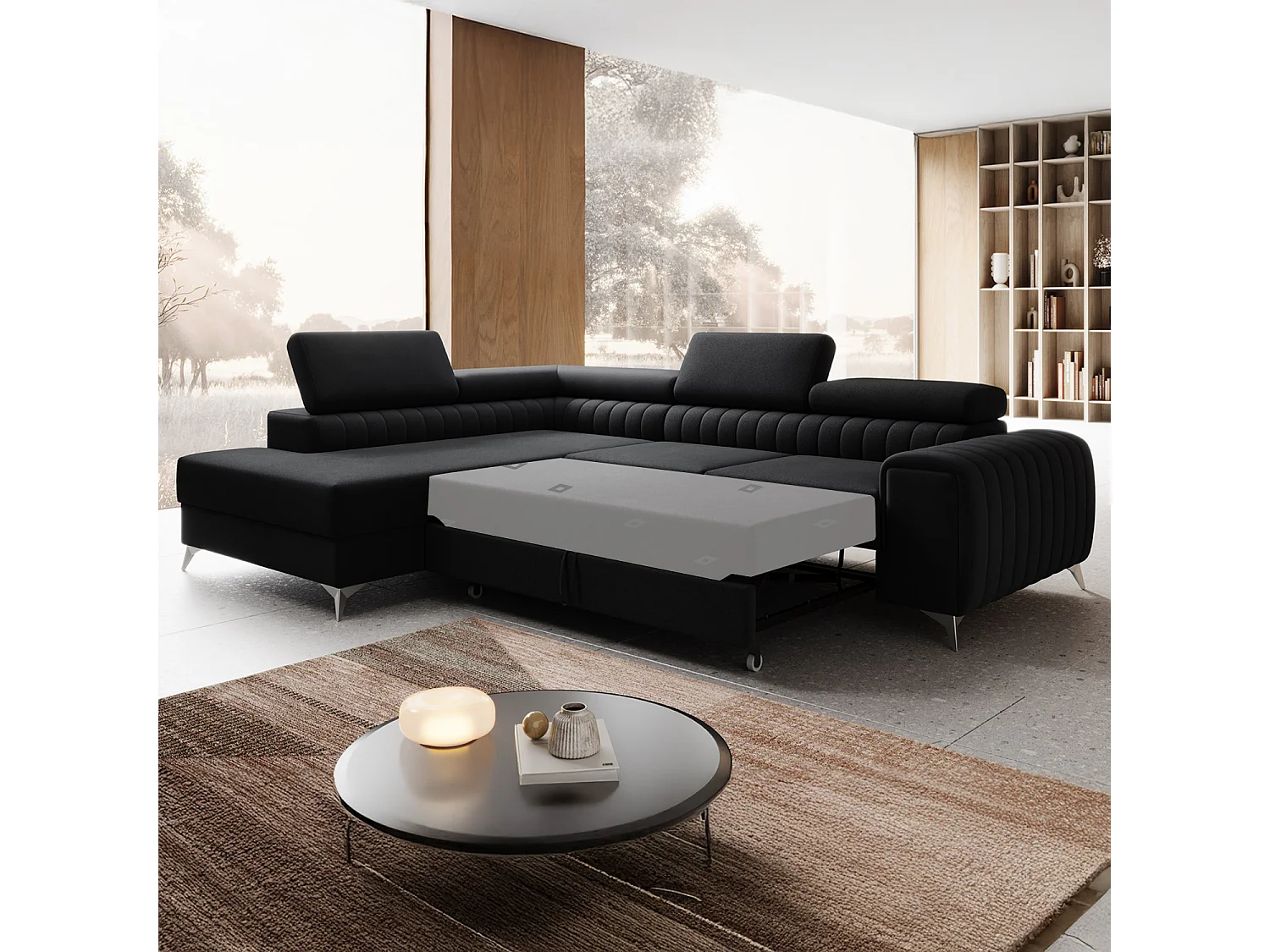 Canapé d'angle gauche convertible Isaac Velours Noir