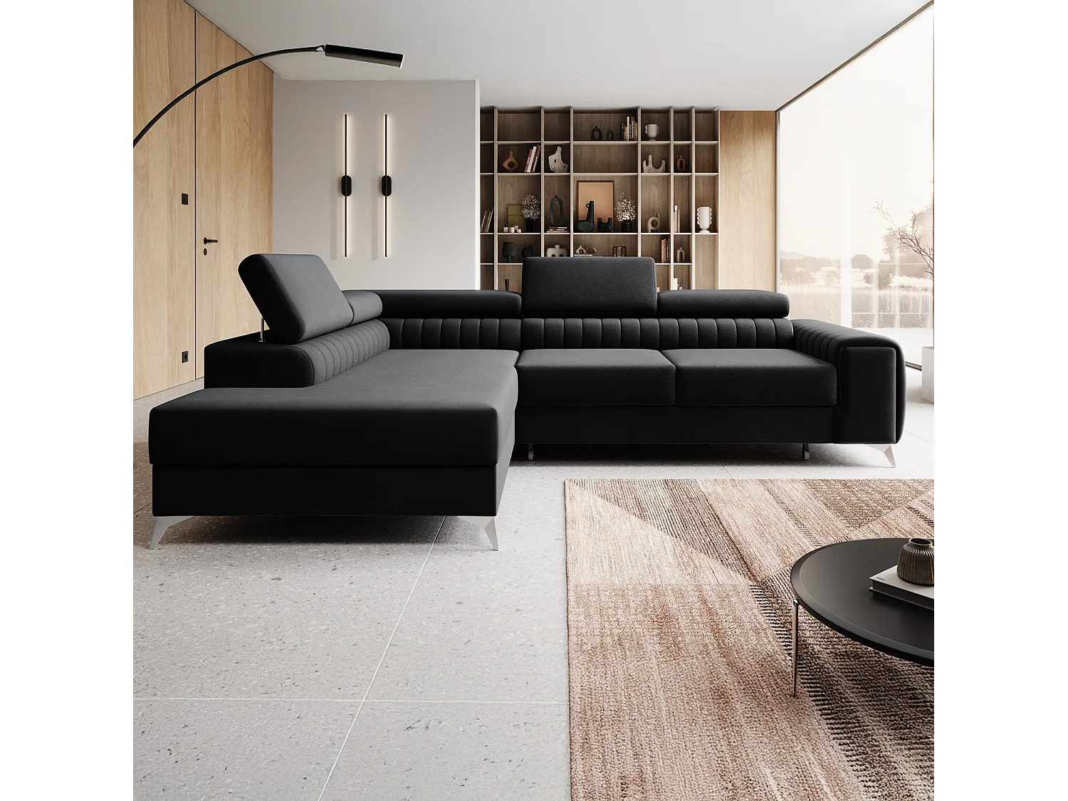 Canapé d'angle gauche convertible Isaac Velours Noir