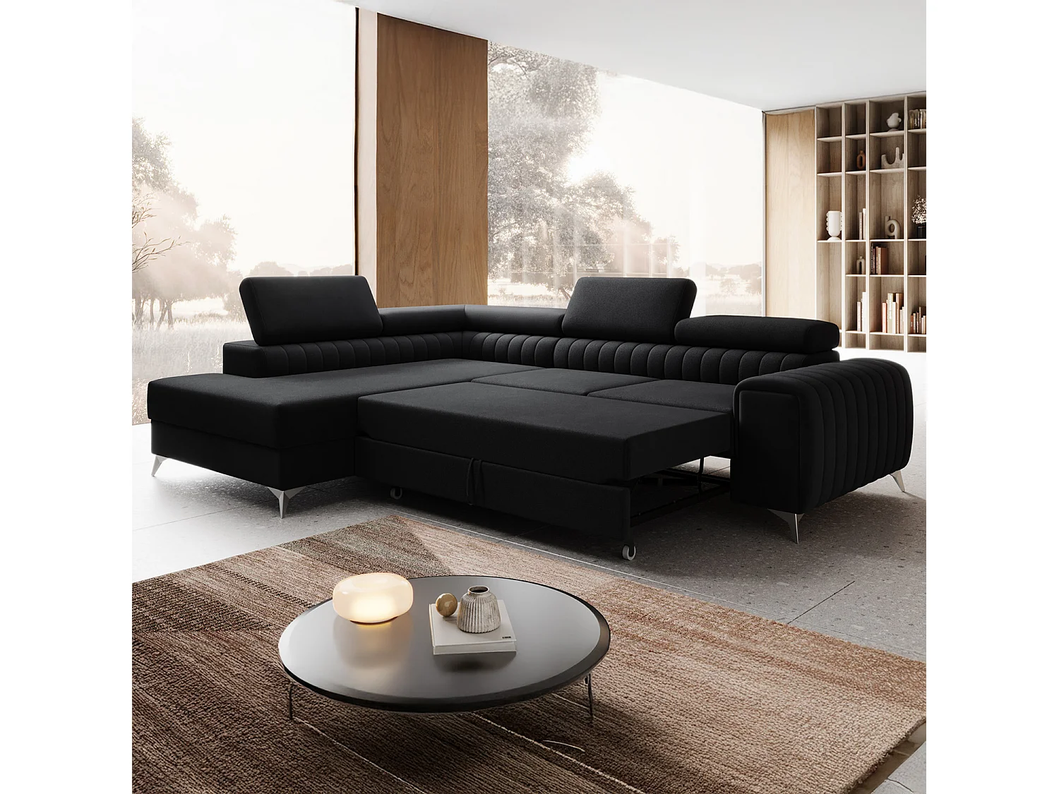 Canapé d'angle gauche convertible Isaac Velours Noir