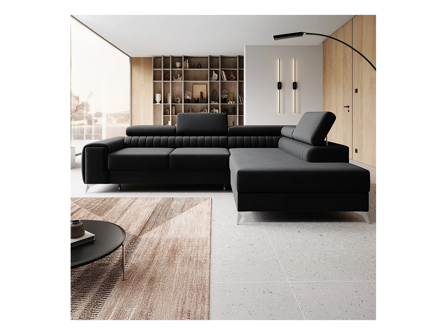 Canapé d'angle droit convertible Isaac Velours Noir