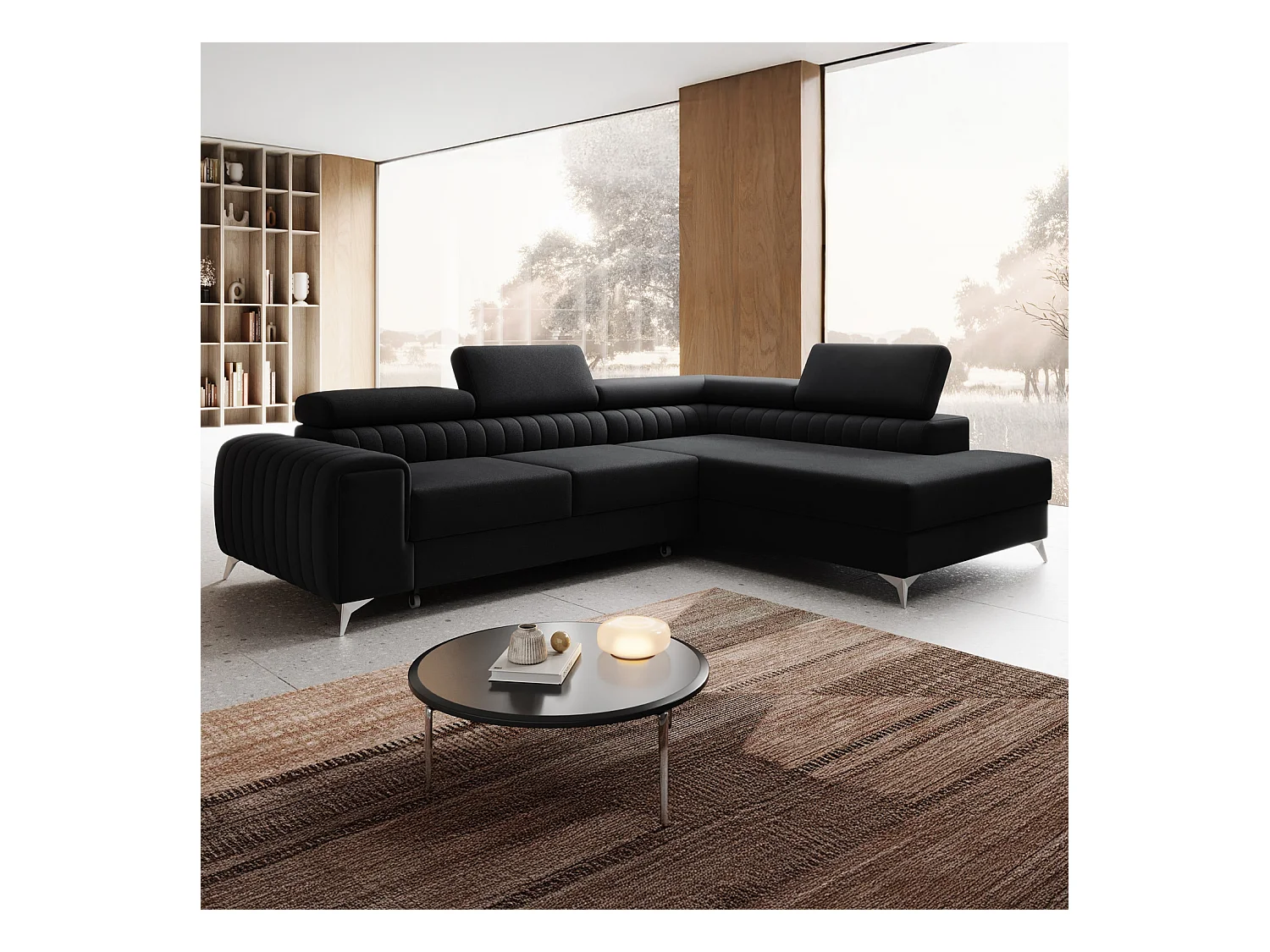 Canapé d'angle droit convertible Isaac Velours Noir