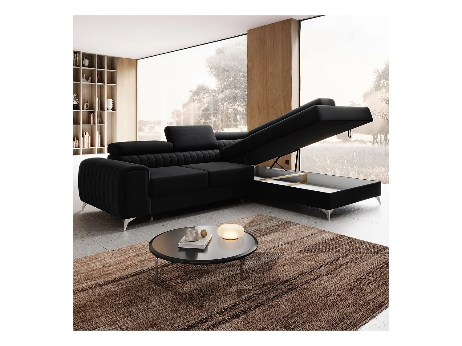 Canapé d'angle droit convertible Isaac Velours Noir