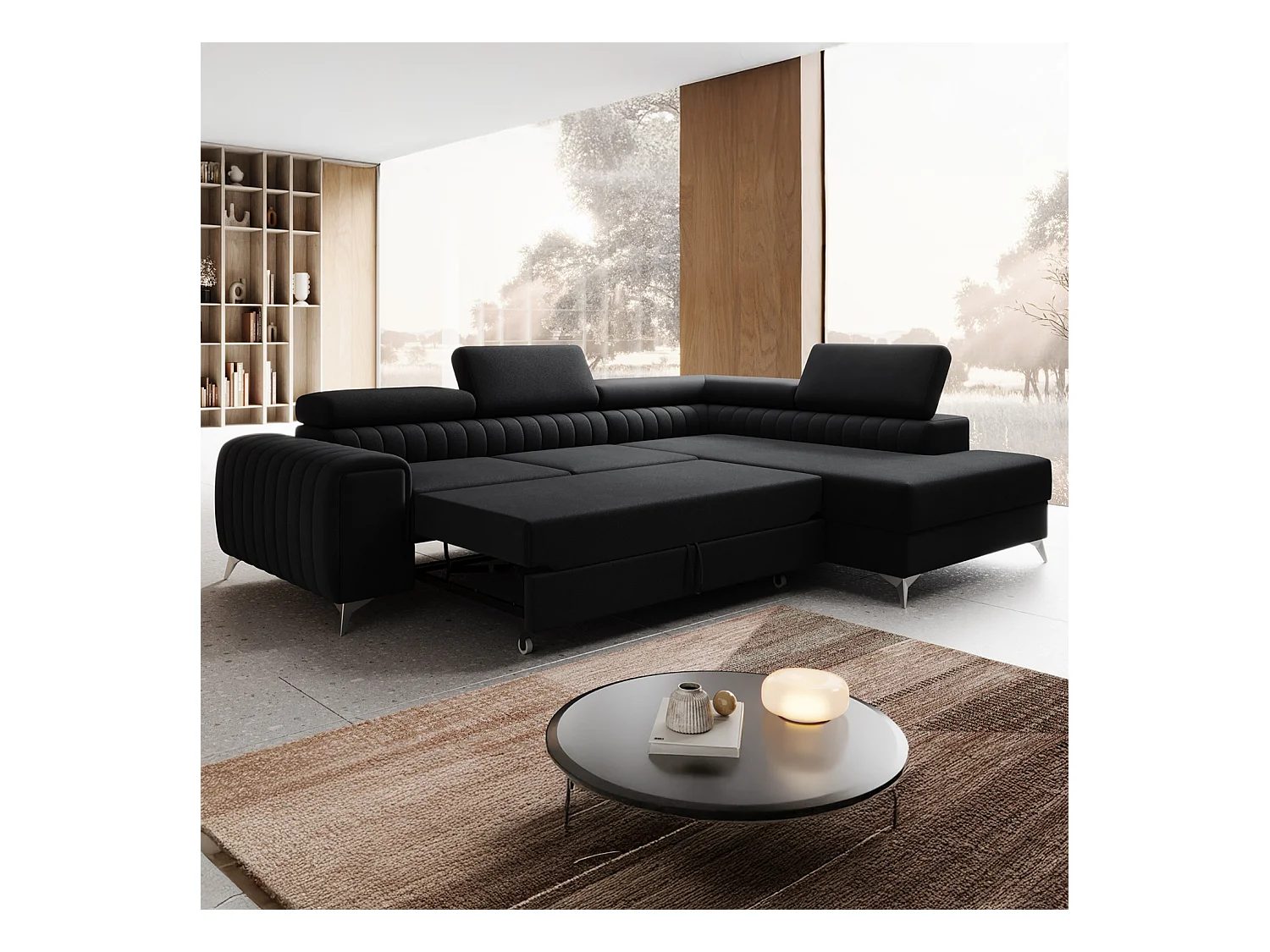 Canapé d'angle droit convertible Isaac Velours Noir