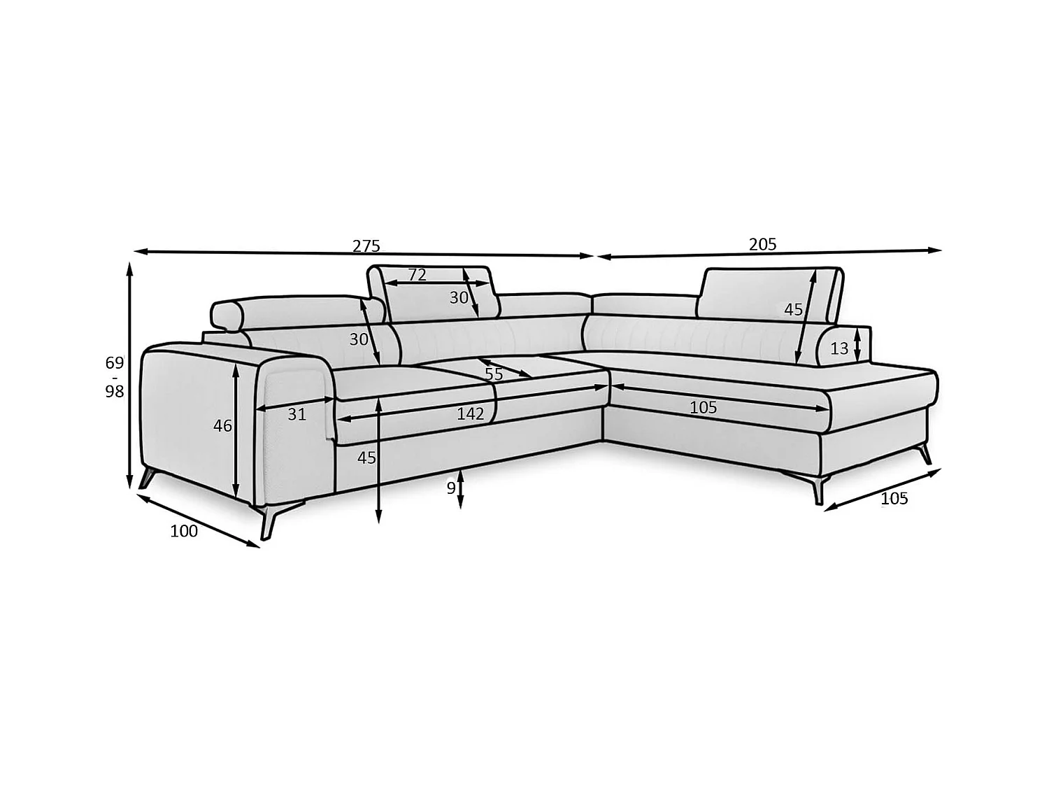 Canapé d'angle droit convertible Isaac Velours Noir