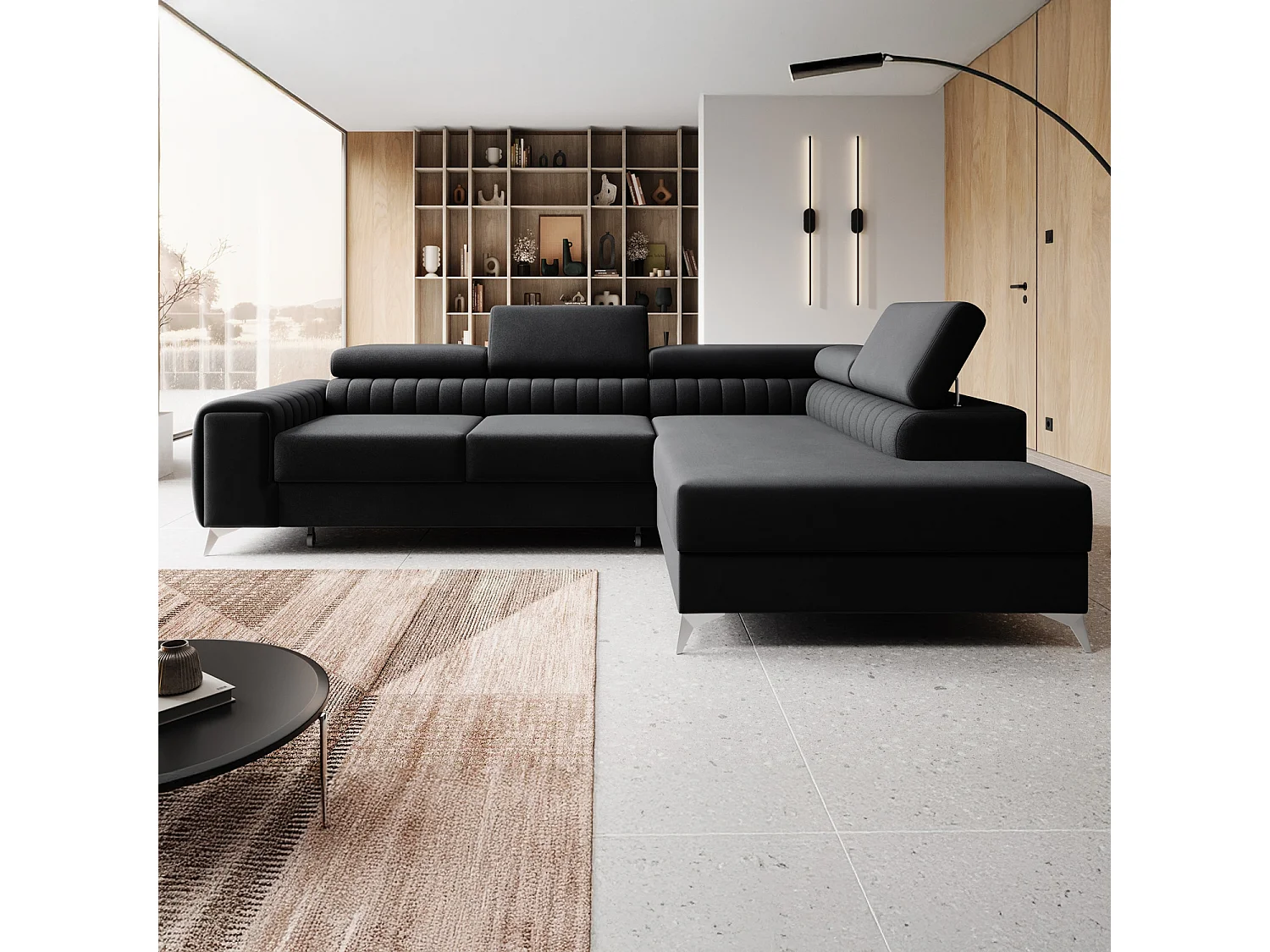 Canapé d'angle droit convertible Isaac Velours Noir