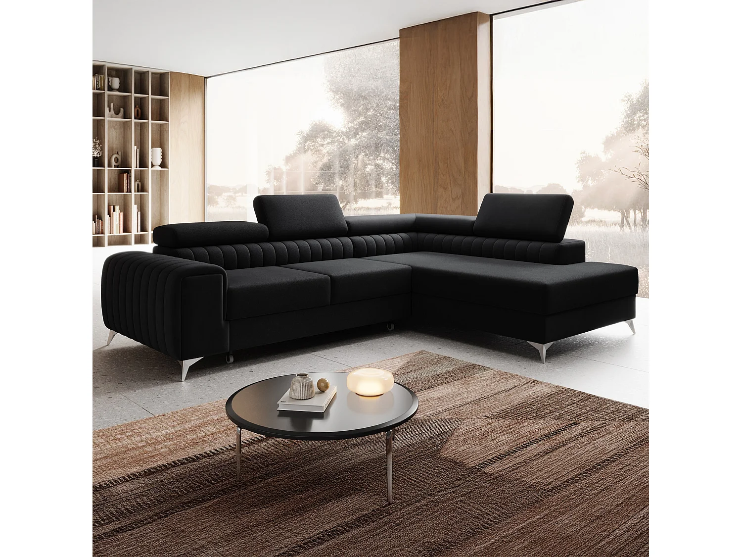 Canapé d'angle droit convertible Isaac Velours Noir