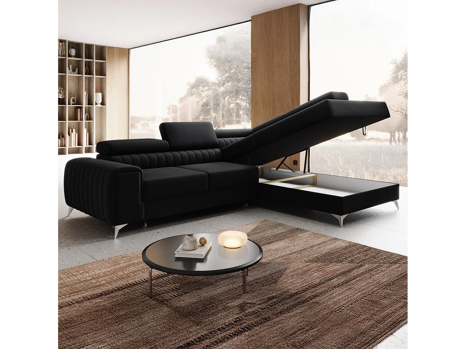 Canapé d'angle droit convertible Isaac Velours Noir