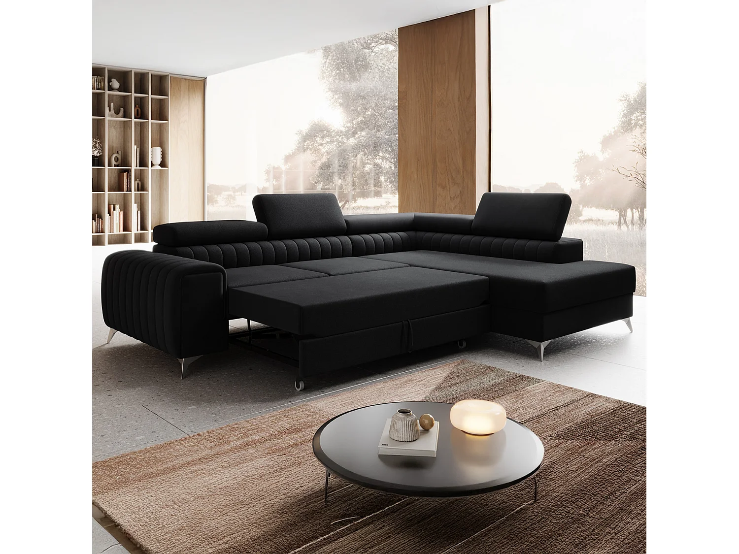 Canapé d'angle droit convertible Isaac Velours Noir