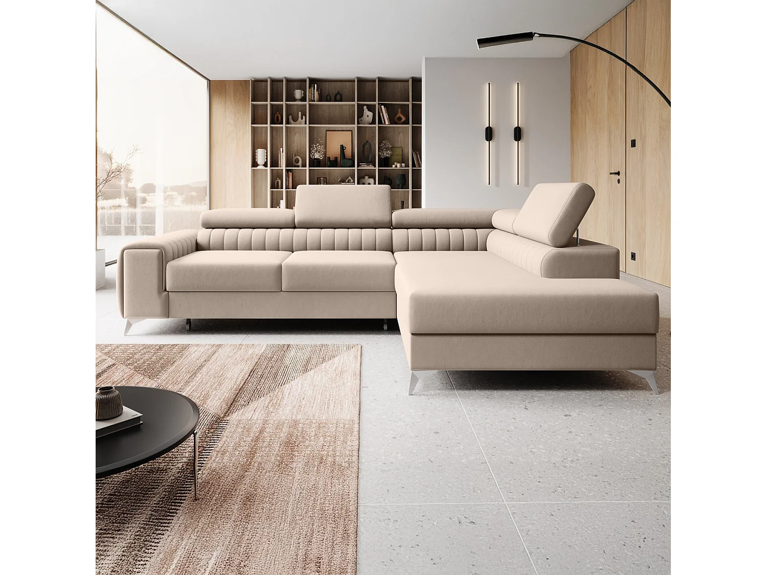 Canapé d'angle droit convertible Isaac Velours Beige