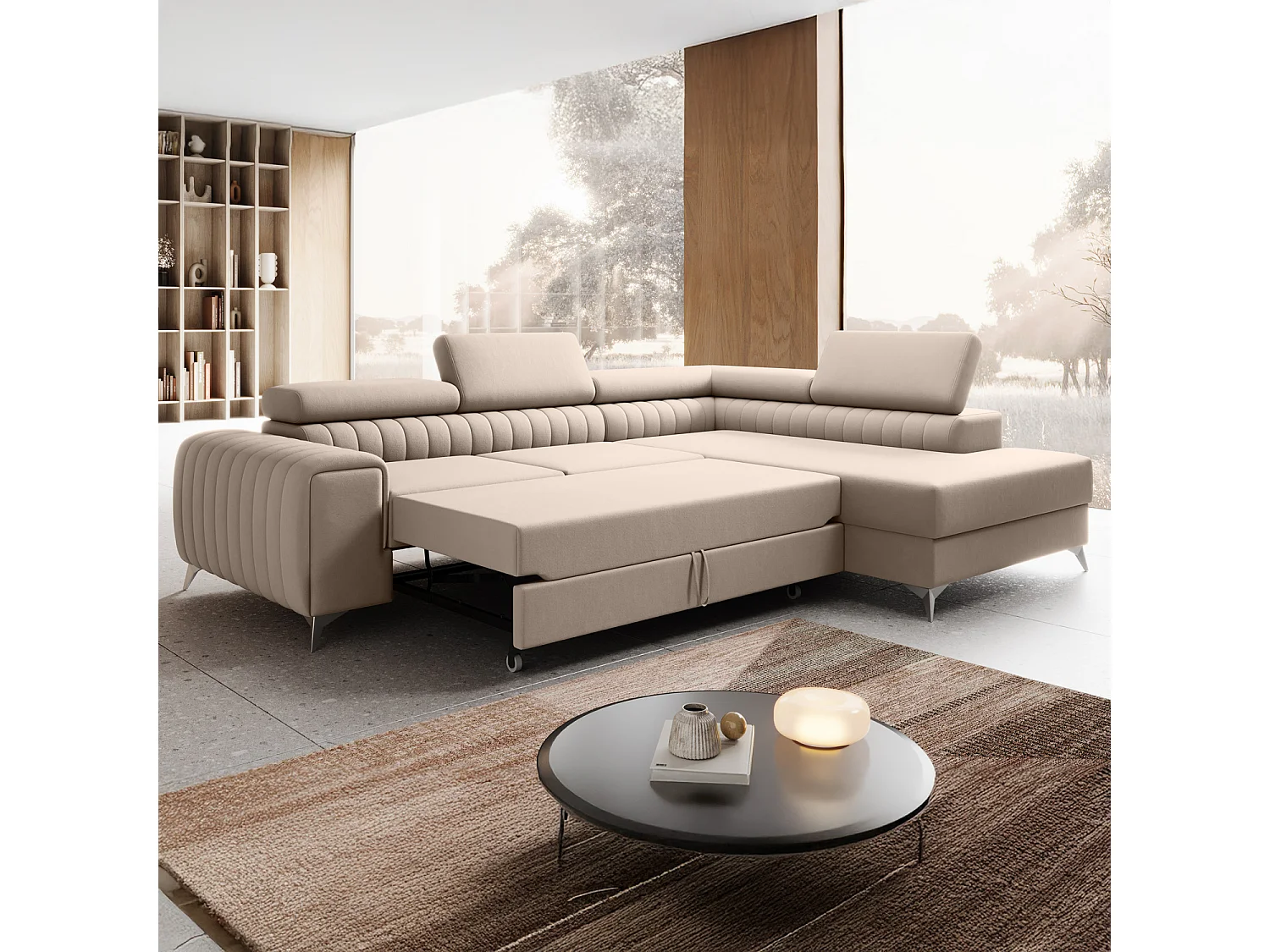Canapé d'angle droit convertible Isaac Velours Beige