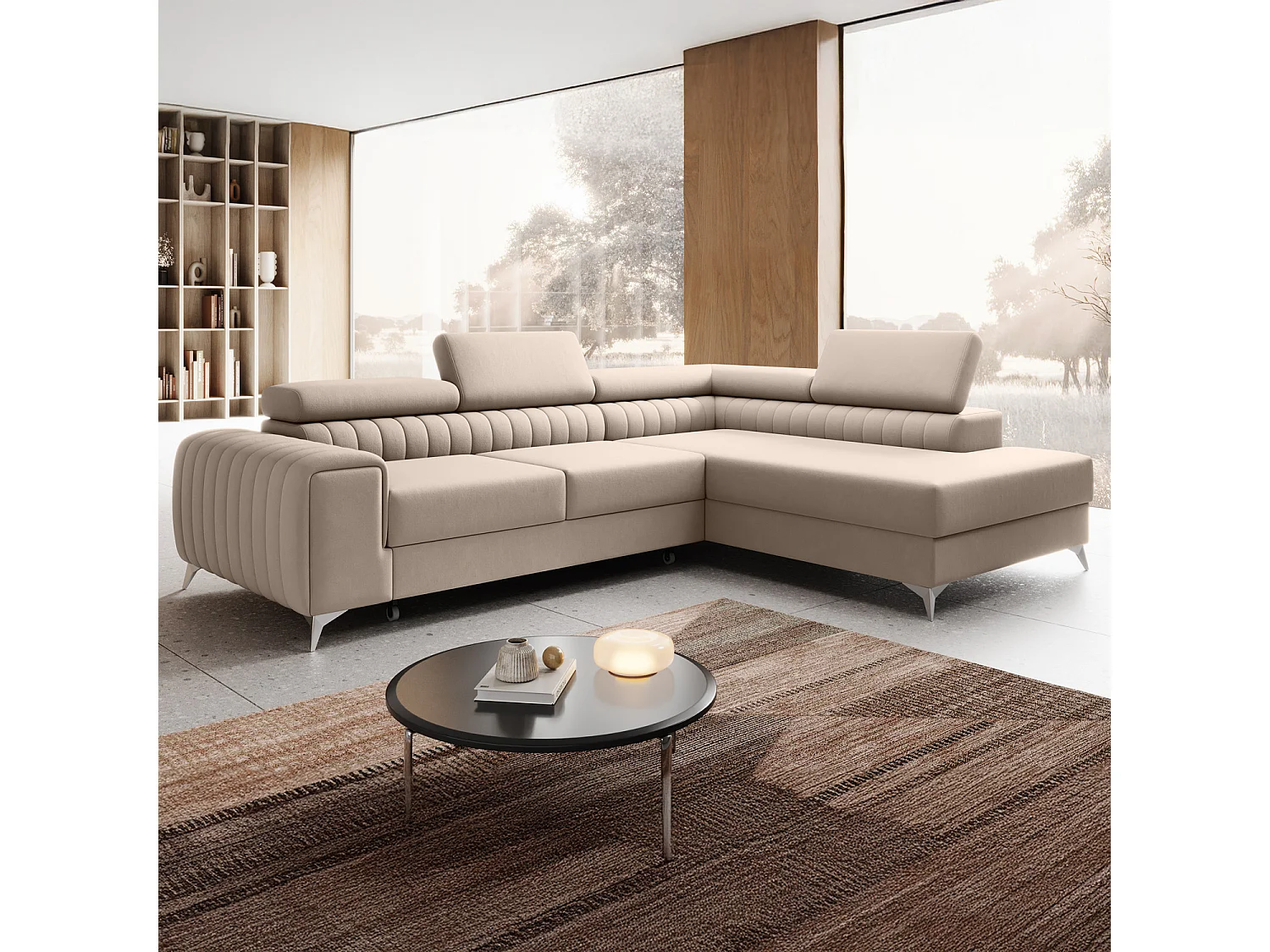 Canapé d'angle droit convertible Isaac Velours Beige
