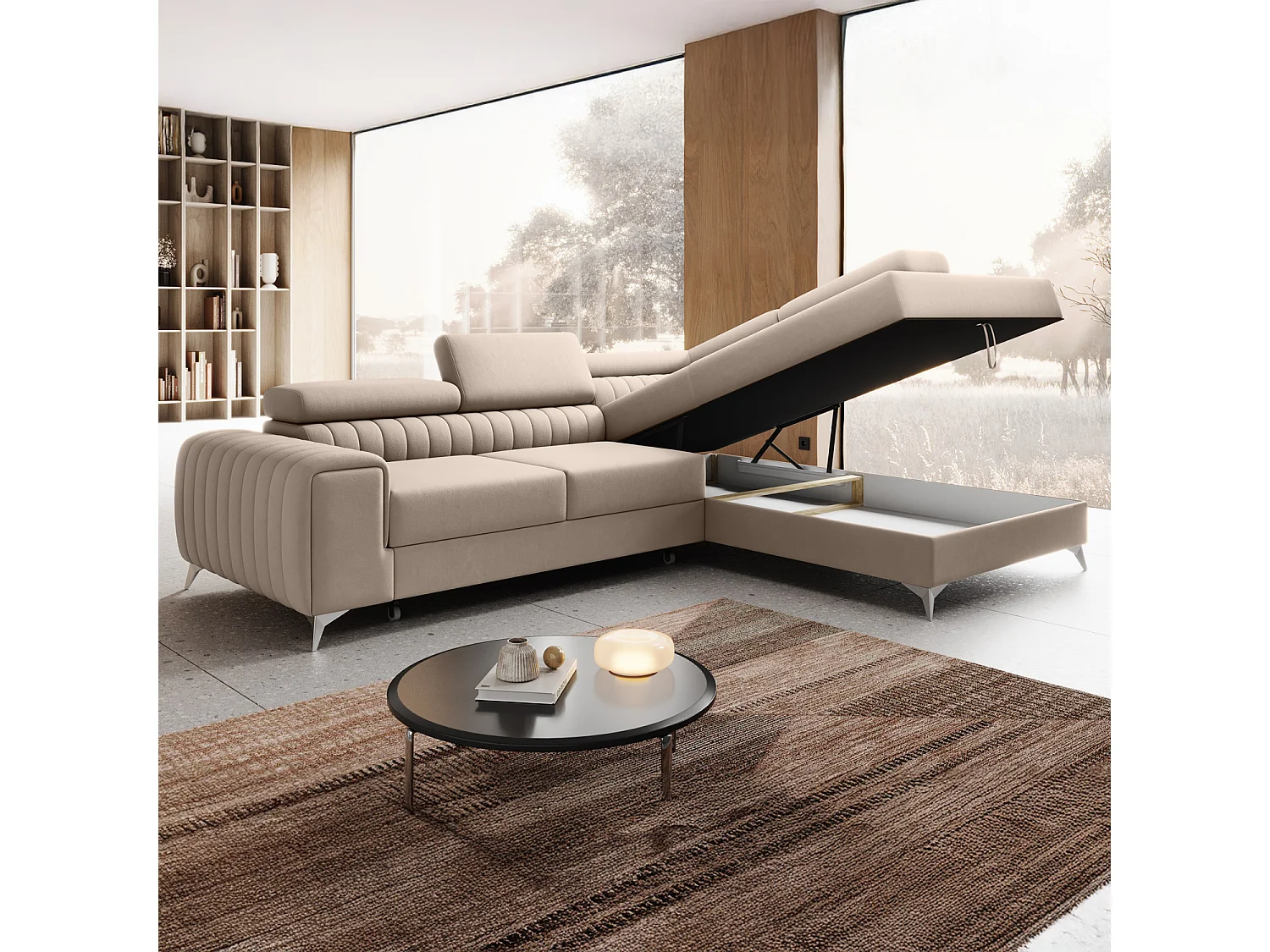 Canapé d'angle droit convertible Isaac Velours Beige