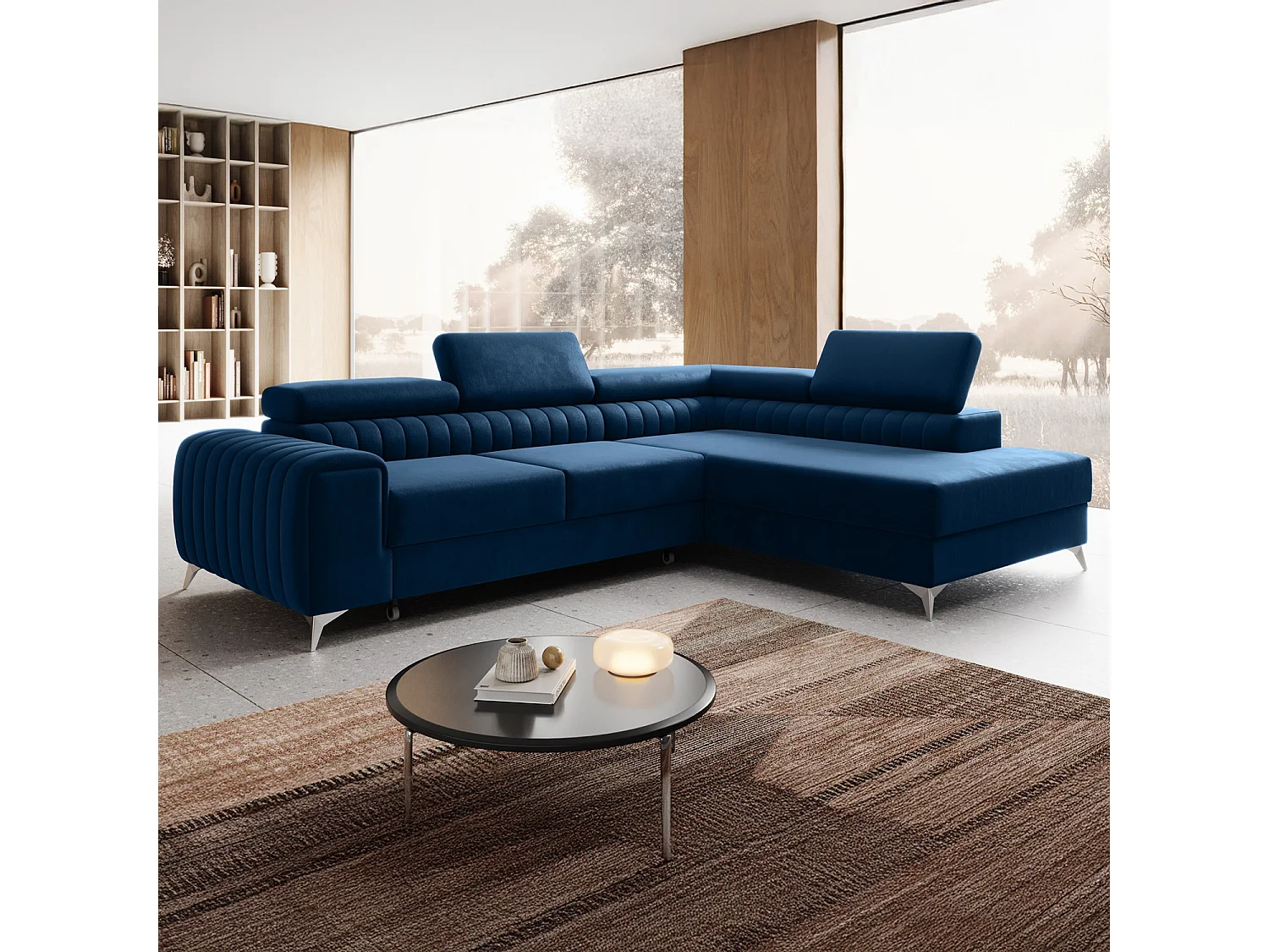 Canapé d'angle droit convertible Isaac Velours Bleu