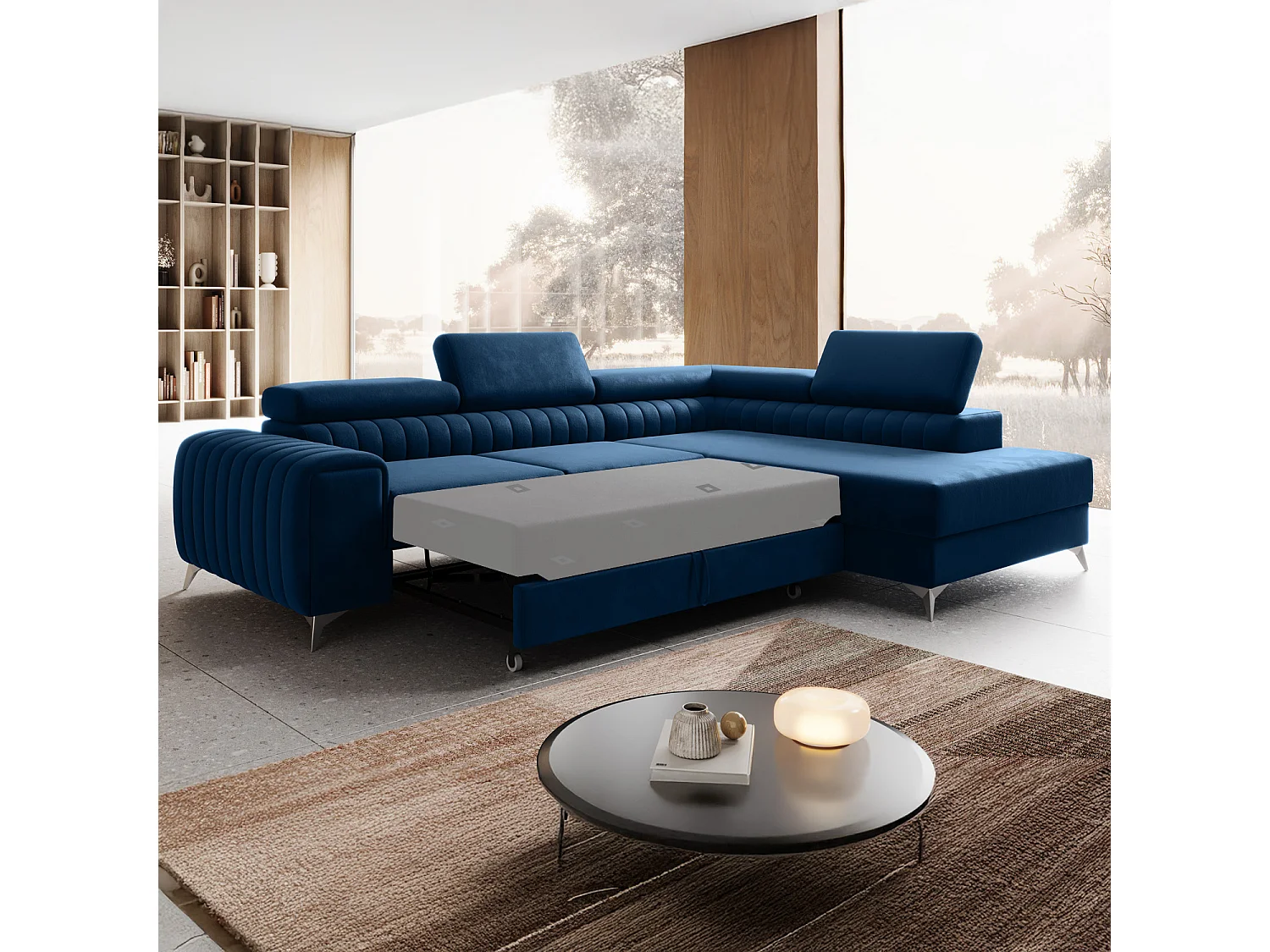 Canapé d'angle droit convertible Isaac Velours Bleu