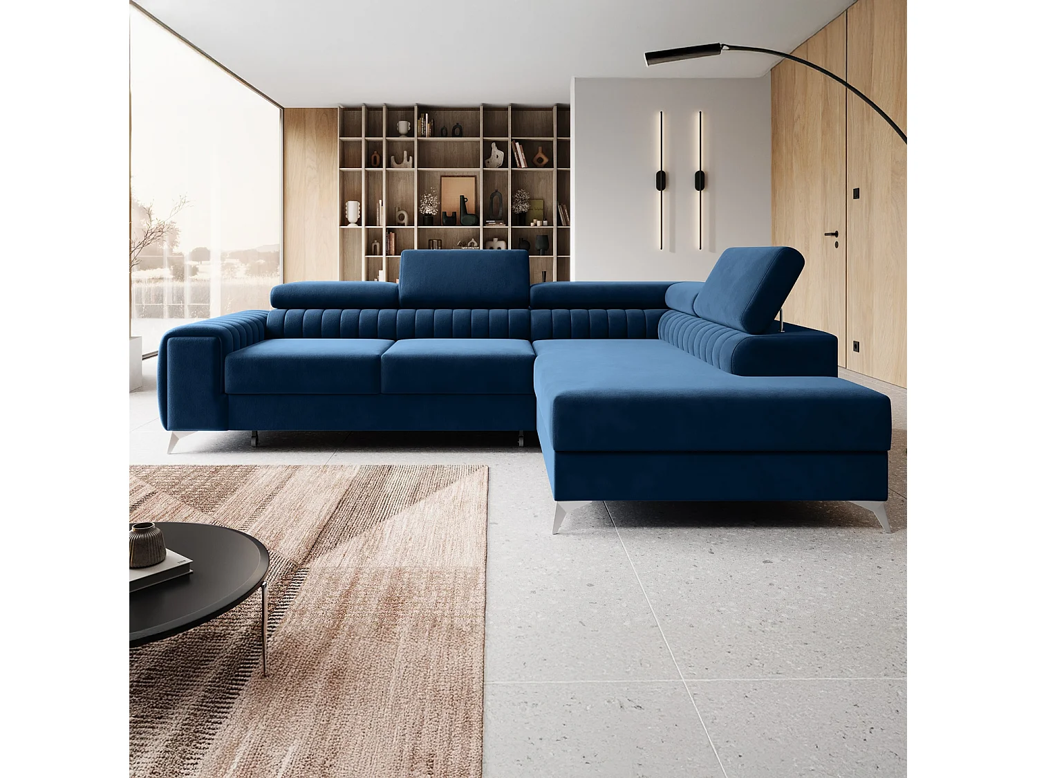 Grand canapé d'angle convertible 6 places en velours bleu ISAAC