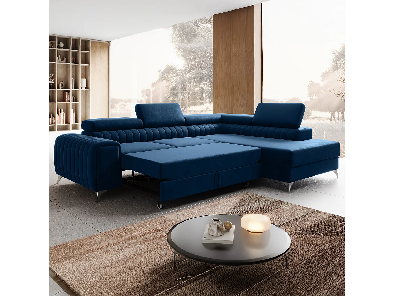 Grand canapé d'angle convertible 6 places en velours bleu ISAAC