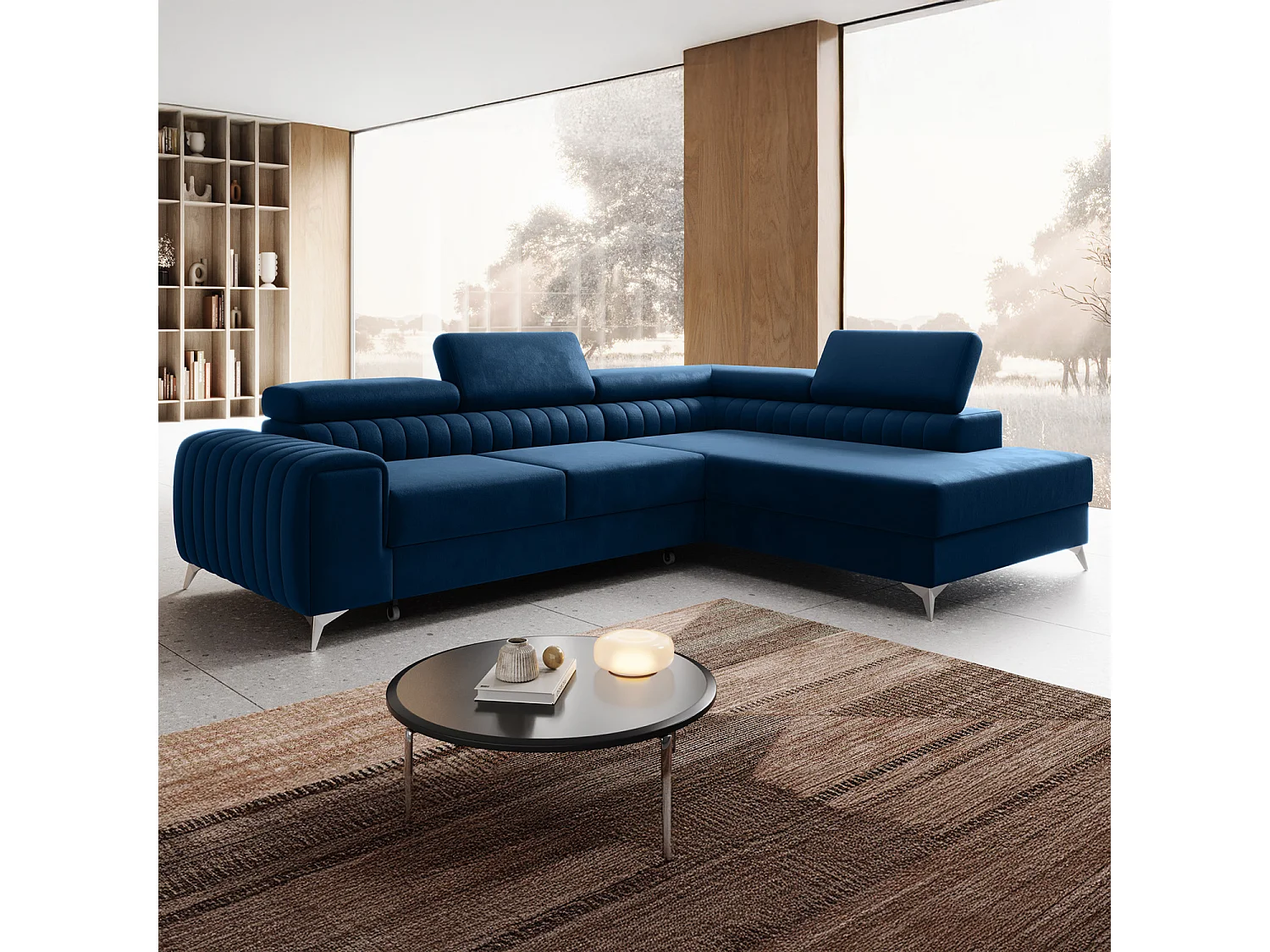 Grand canapé d'angle convertible 6 places en velours bleu ISAAC