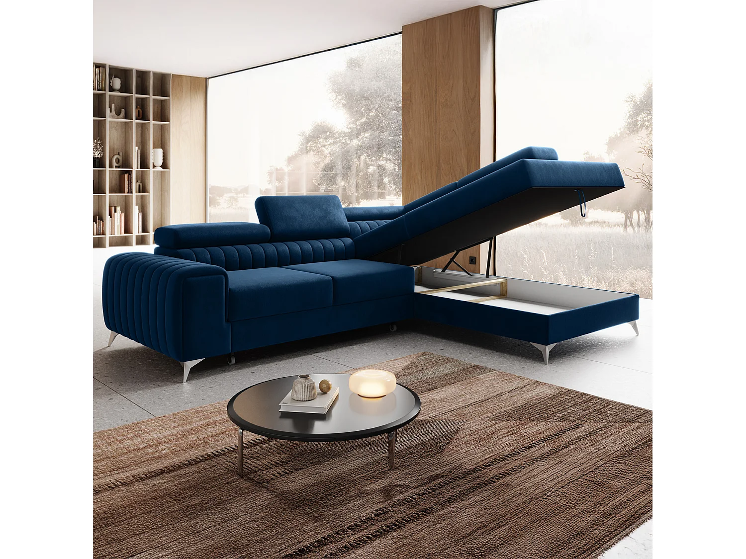 Grand canapé d'angle convertible 6 places en velours bleu ISAAC