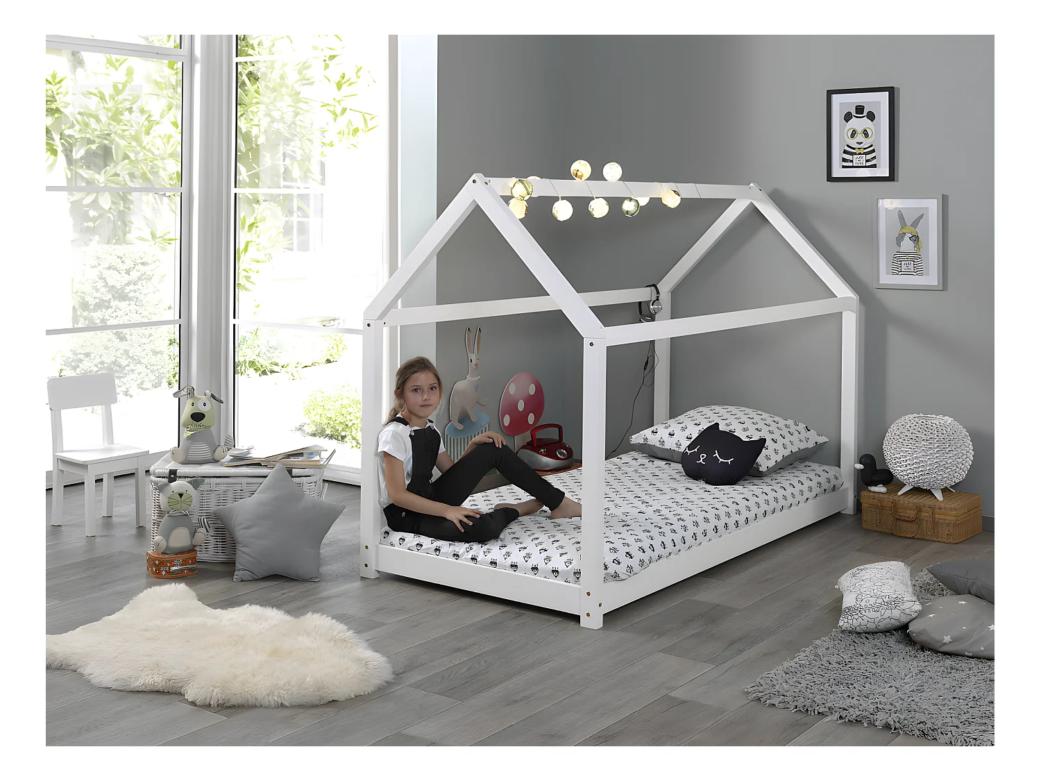 LIT CABANE  90x200 - sommier inclus Blanc Livré avec sommiers