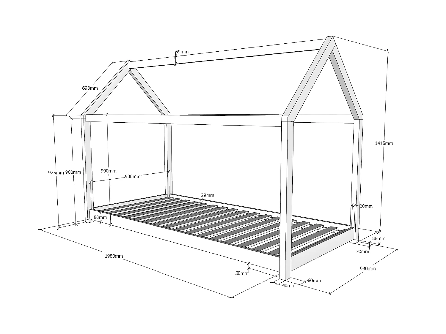 LIT CABANE  90x200 - sommier inclus Blanc Livré avec sommiers