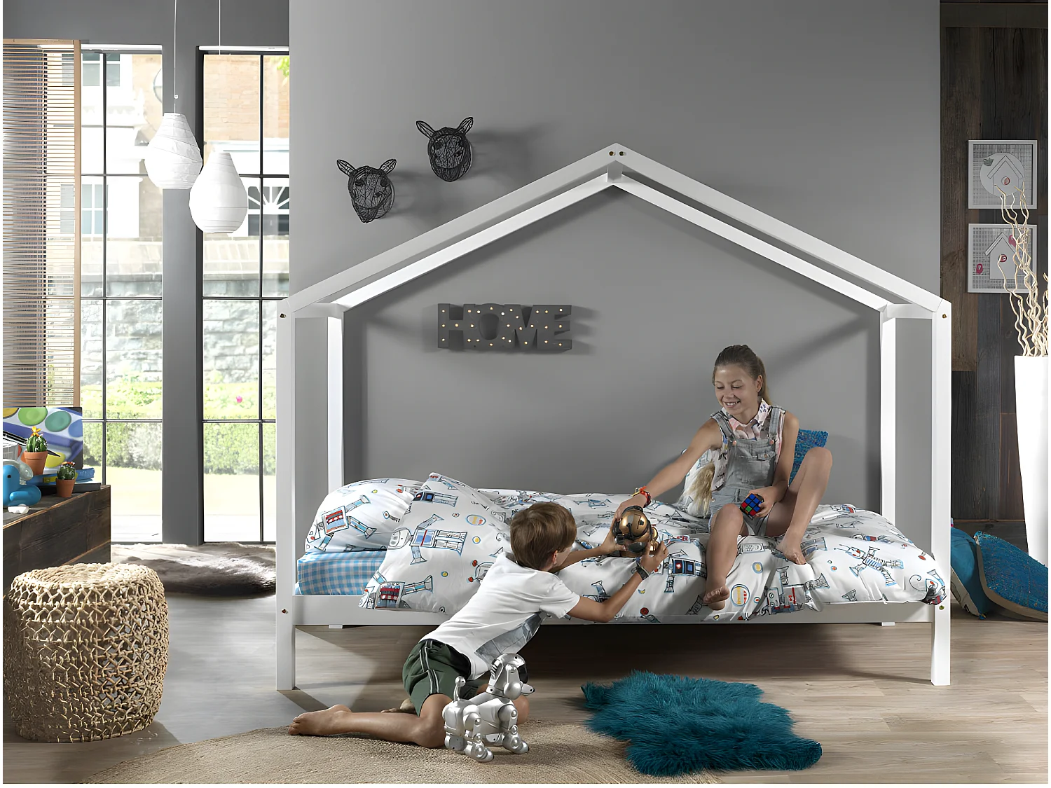 Lit Cabane  D2 90x200 - sommier inclus Blanc Livré avec sommiers