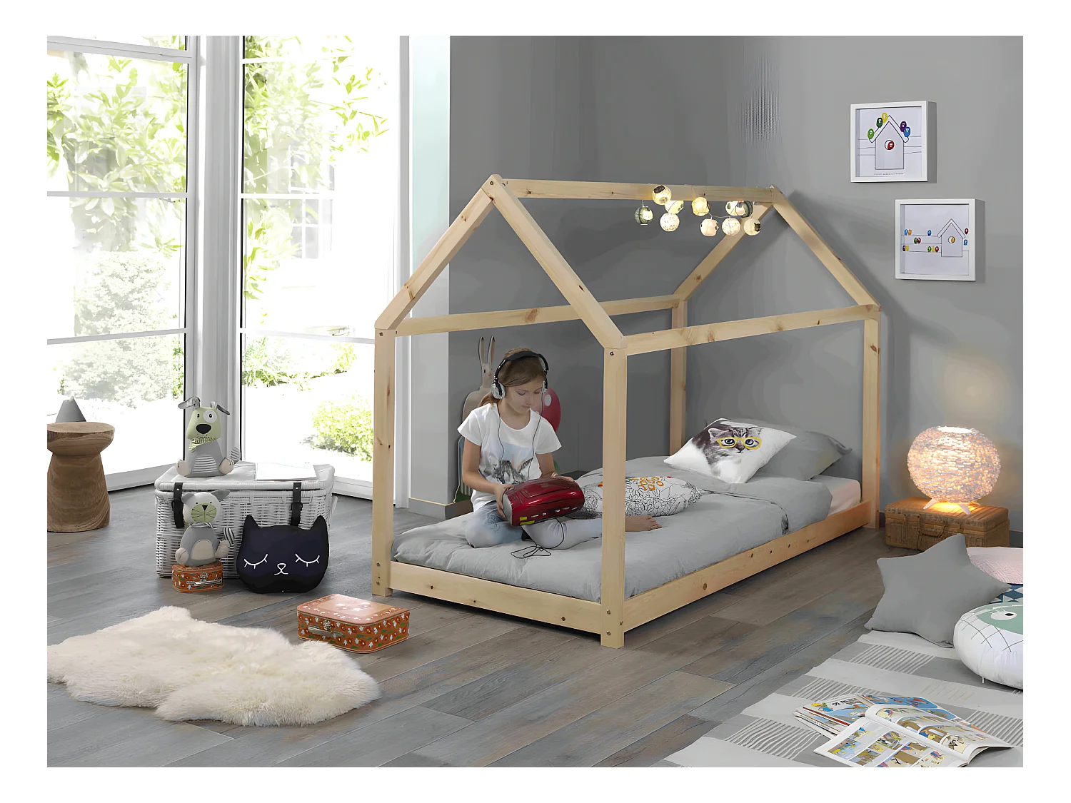 LIT CABANE  90x200 - sommier inclus Pin Livré avec sommiers