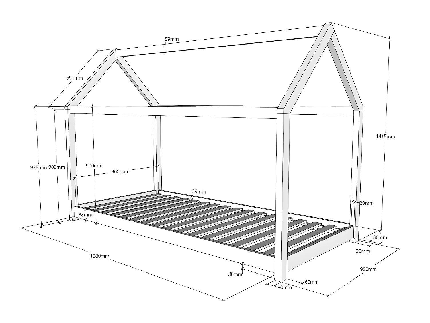 LIT CABANE  90x200 - sommier inclus Pin Livré avec sommiers