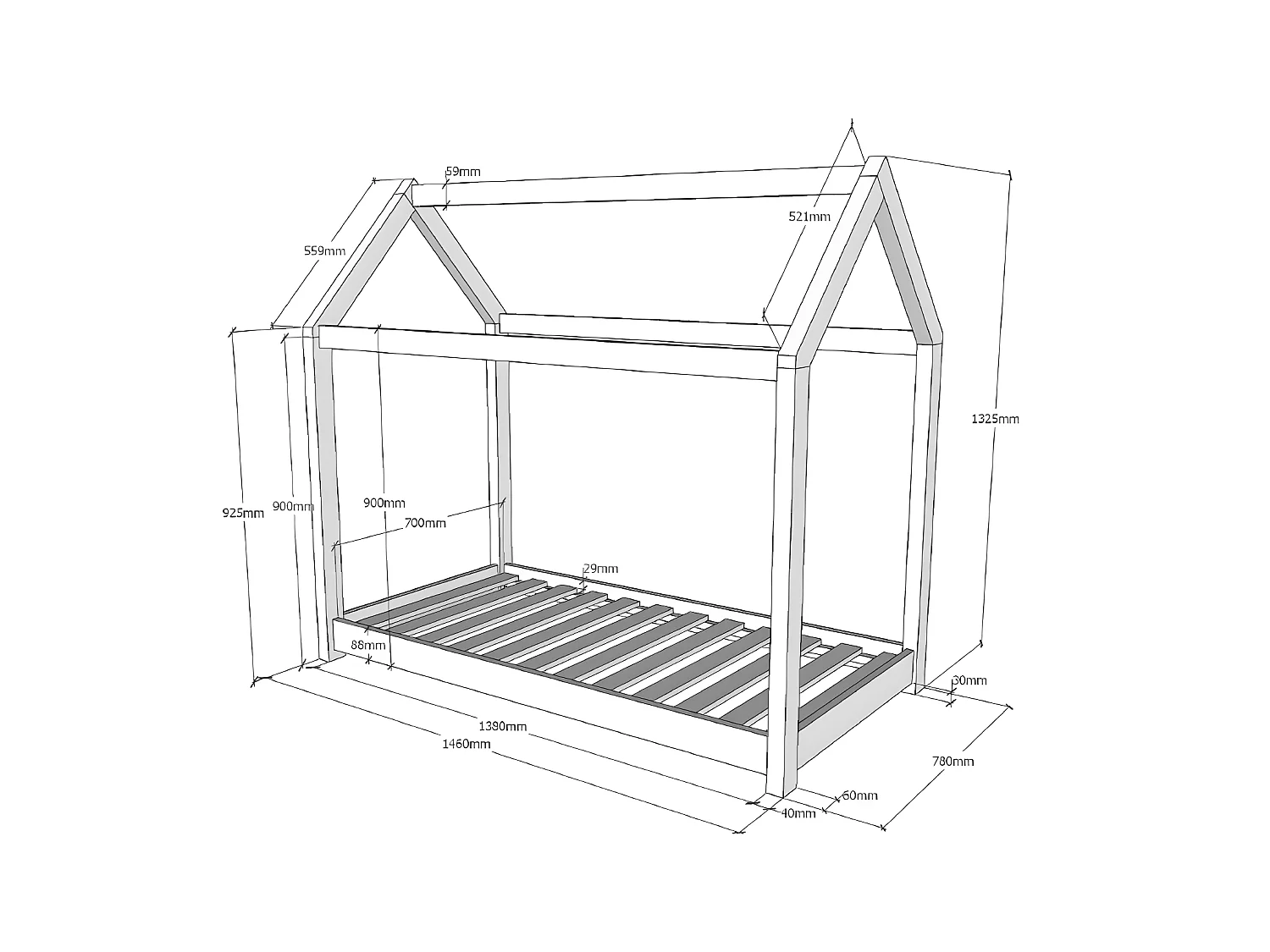 LIT CABANE  70x140 - sommier inclus Pin Livré avec sommiers