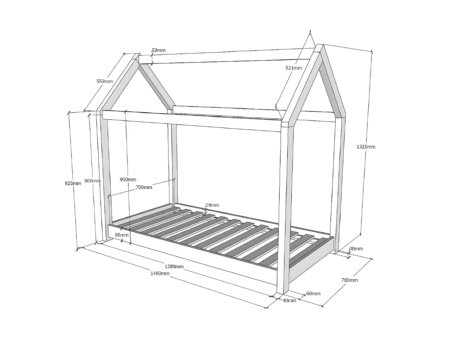 LIT CABANE  70x140 - sommier inclus Pin Livré avec sommiers