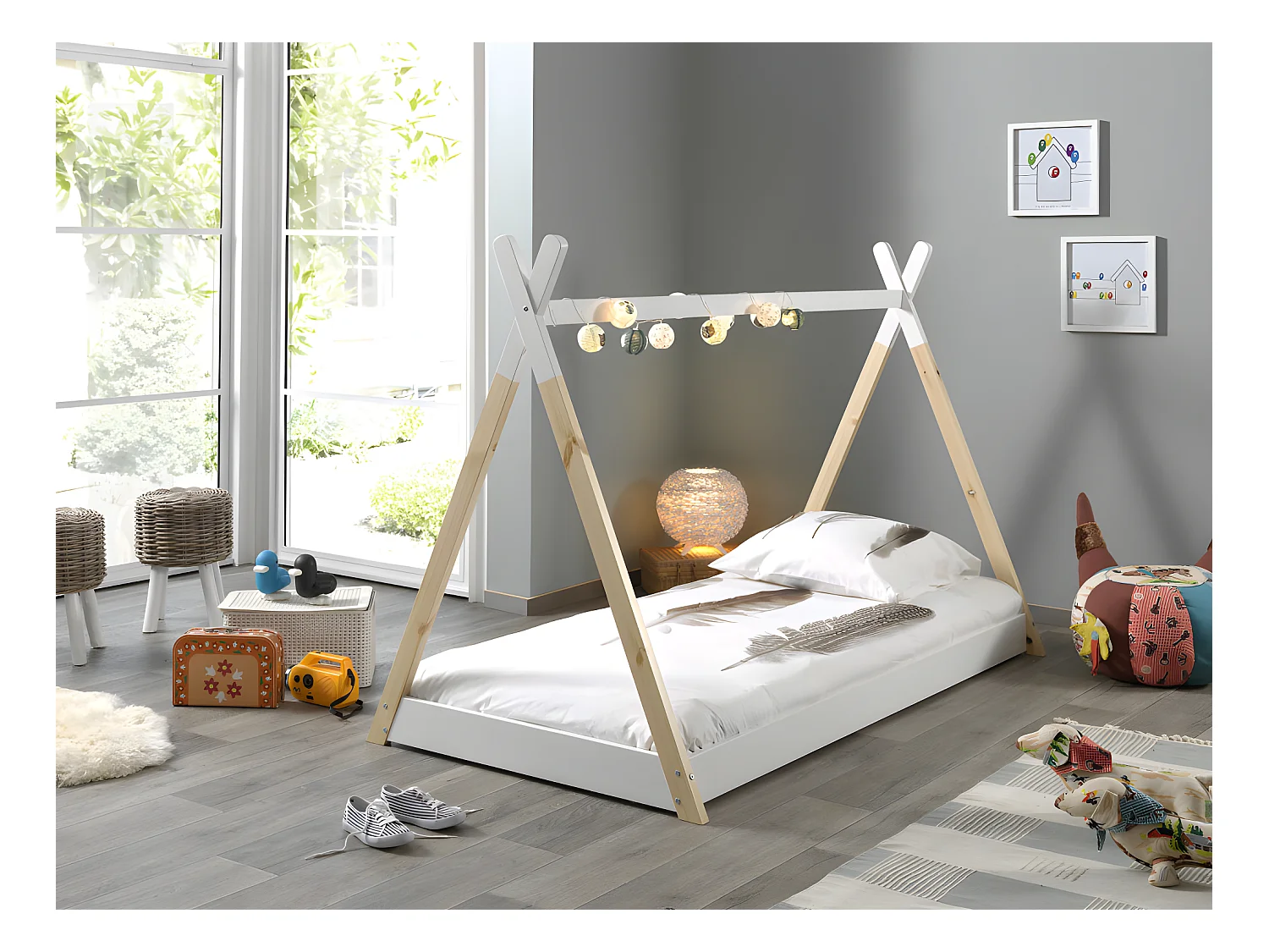 Lit enfant TIPI 90x200 - Sommier inclus Blanc Livré avec sommiers