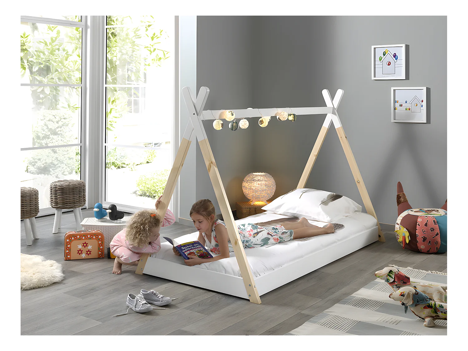 Lit enfant TIPI 90x200 - Sommier inclus Blanc Livré avec sommiers