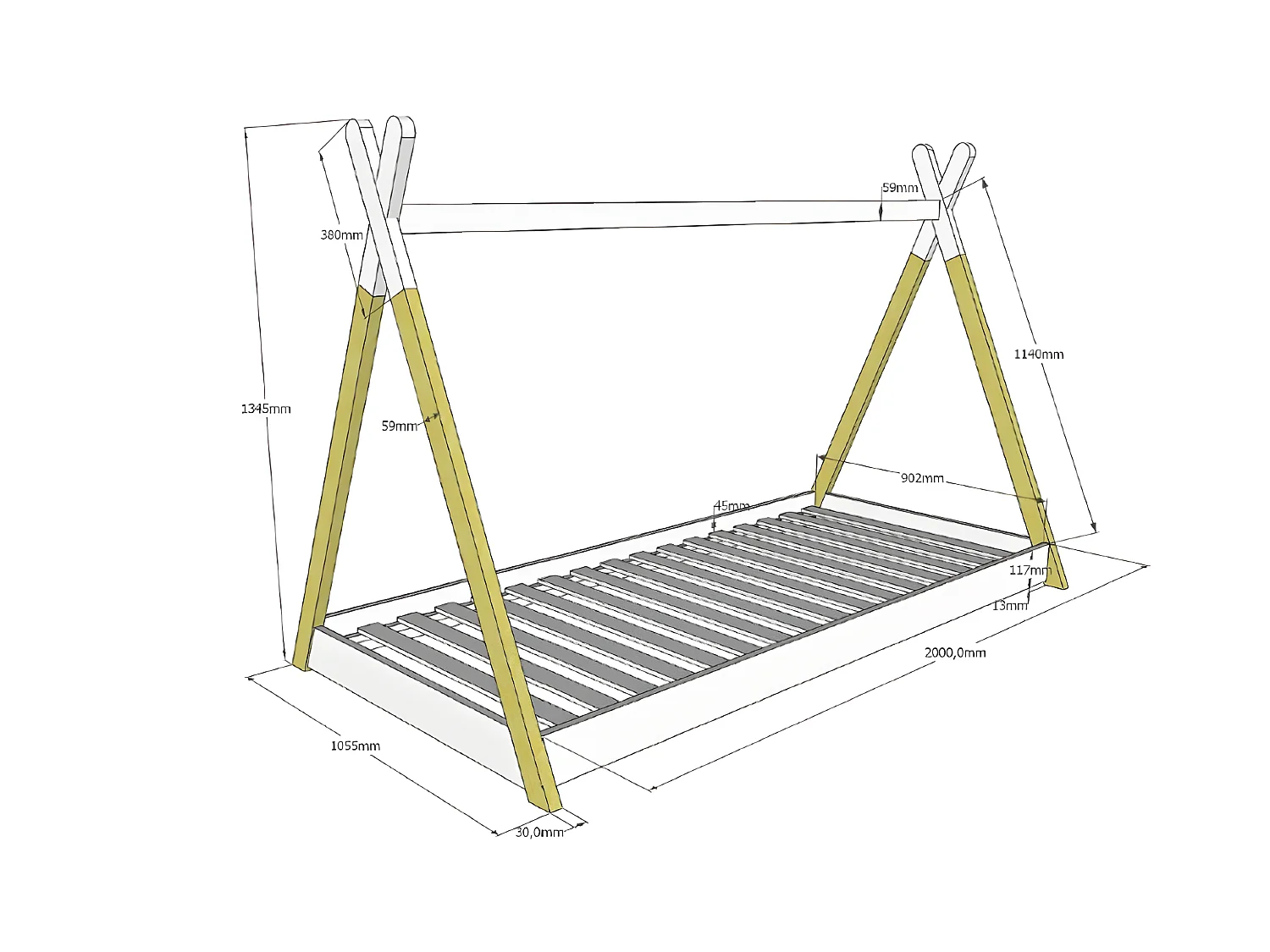 Lit enfant TIPI 90x200 - Sommier inclus Blanc Livré avec sommiers