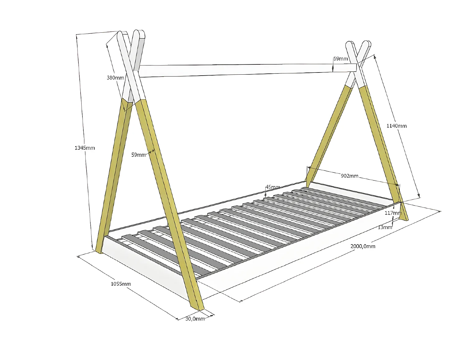 Lit enfant TIPI 90x200 - Sommier inclus Blanc Livré avec sommiers