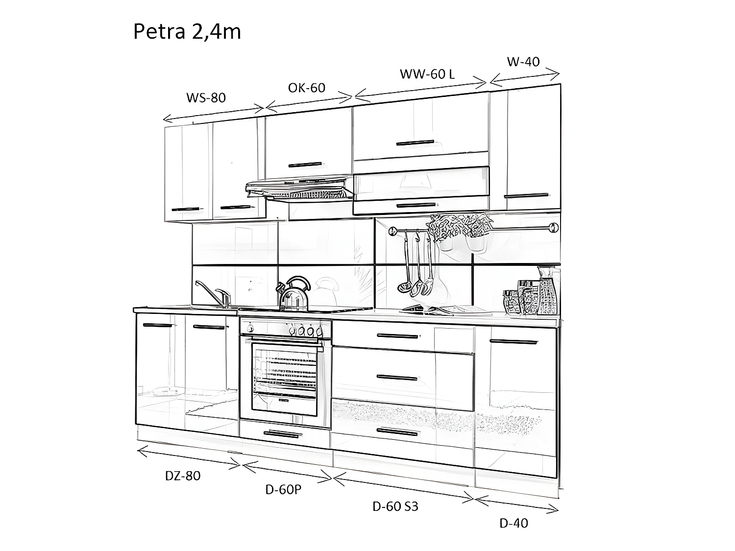 ELM 260 | Cucina Completa L 260cm | 8 pezzi + piano di lavoro INCLUSI | Set mobili da cucina lineare + mobile forno integrato