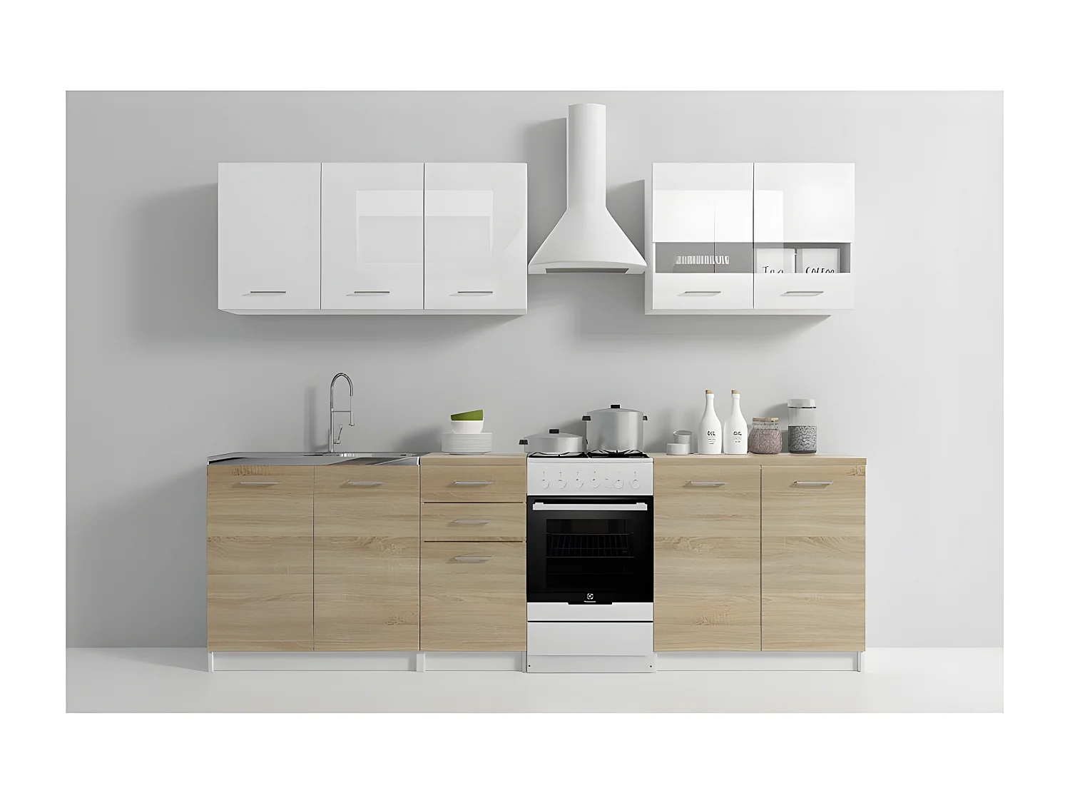 HORN | Cocina modular + lineal completa L 200 cm 6 piezas | Encimera INCLUIDO | Muebles de cocina | Doble acabado