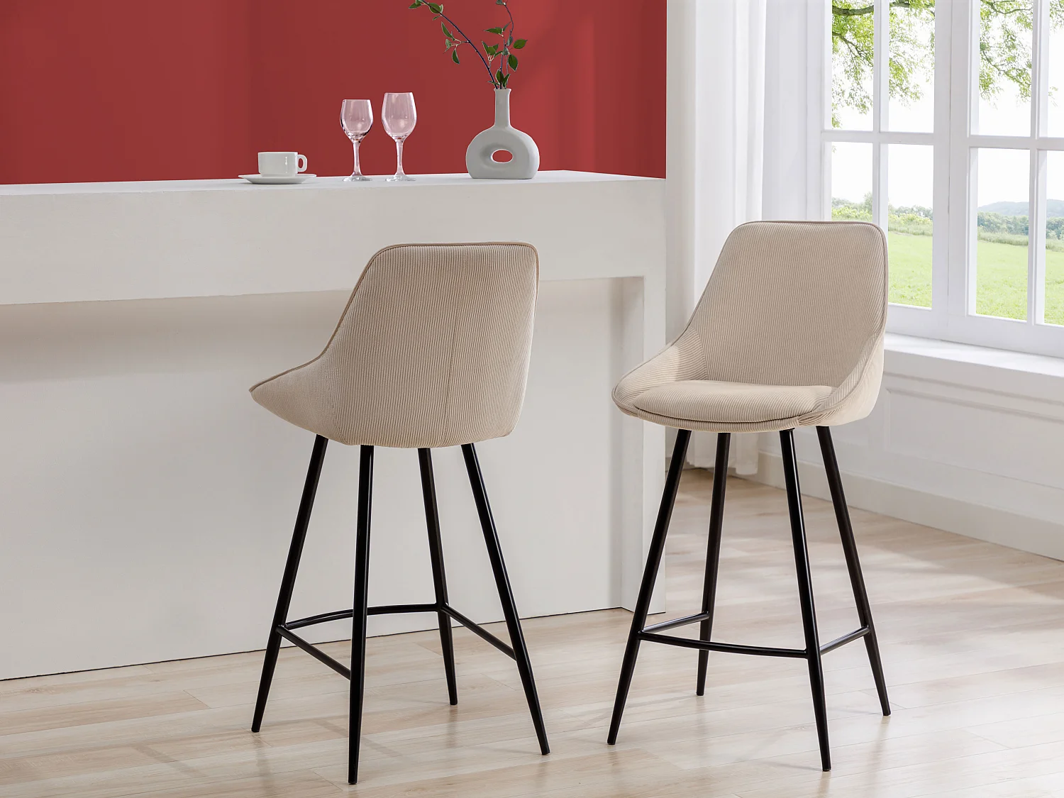 Lot de 2 tabourets de bar en velours côtelé et métal noir - Crème - MASURIE