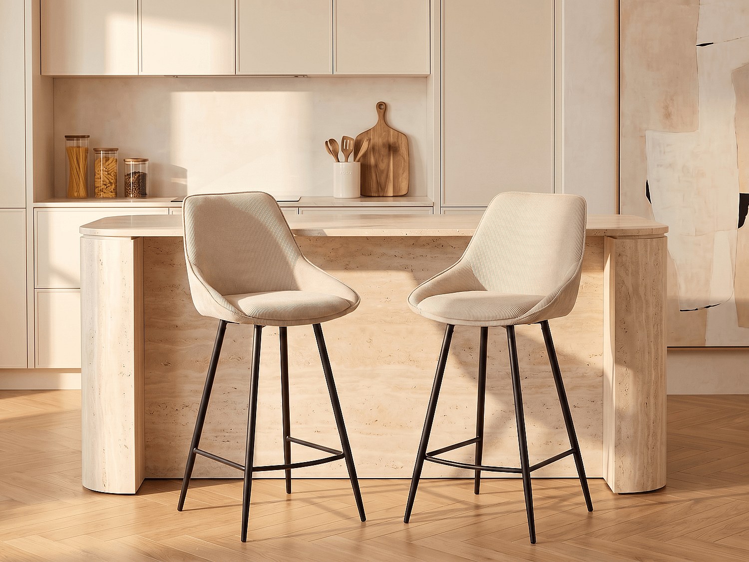 Lot de 2 tabourets de bar en velours côtelé et métal noir - Crème - MASURIE
