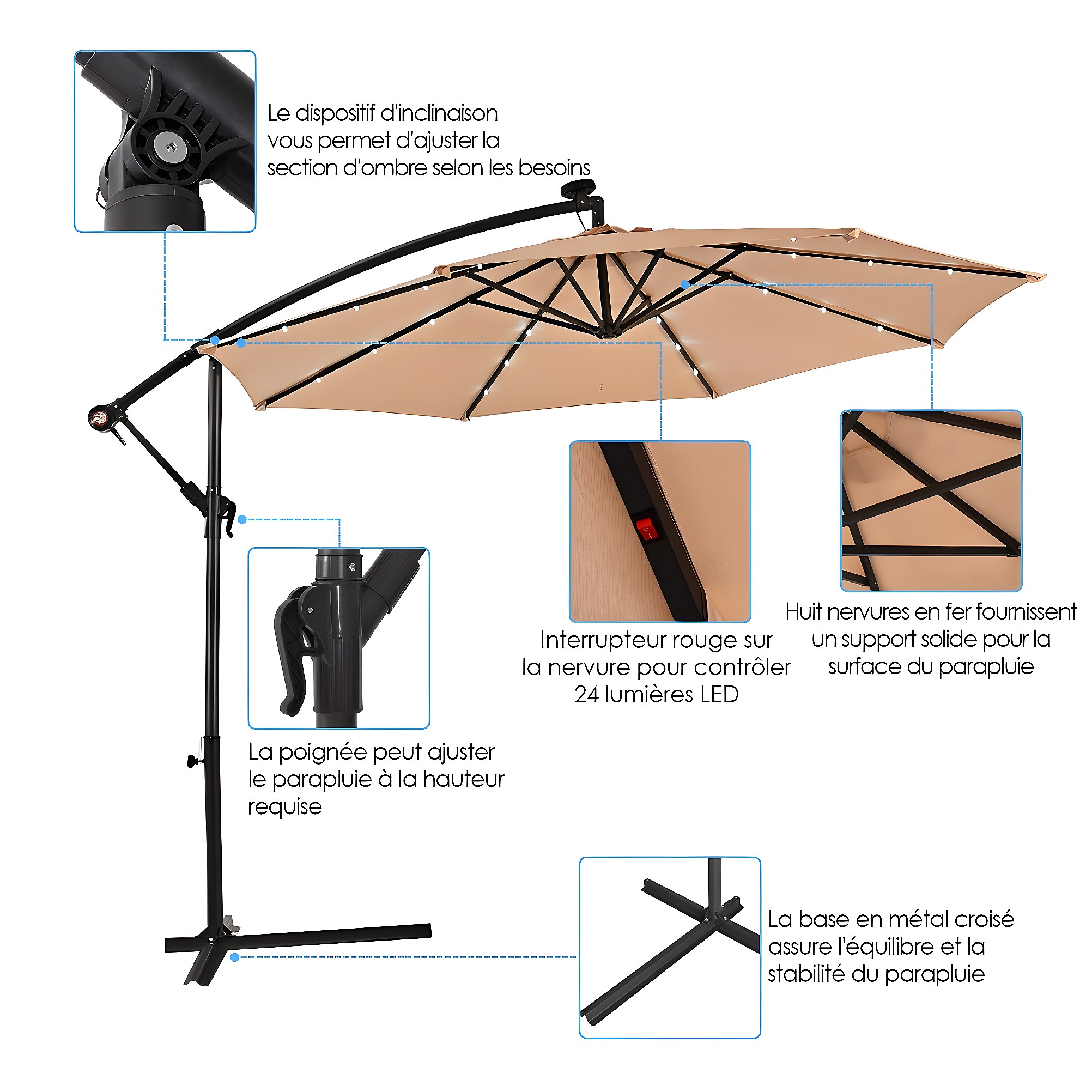 Best Choice Products Parasol De Terrasse Déporté Carré De 3 M Avec Base